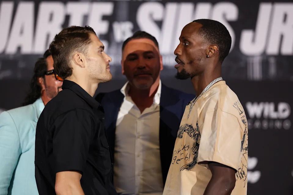 CHICAGO, ILLINOIS - JULY 31: Oscar Duarte (L) and Kenneth Sims Jr. (R) face off during a press conference ahead of their fight at The Intercontinental Hotel on July 31, 2025 in Chicago, Illinois. (Photo by Cris Esqueda/Golden Boy/Getty Images)