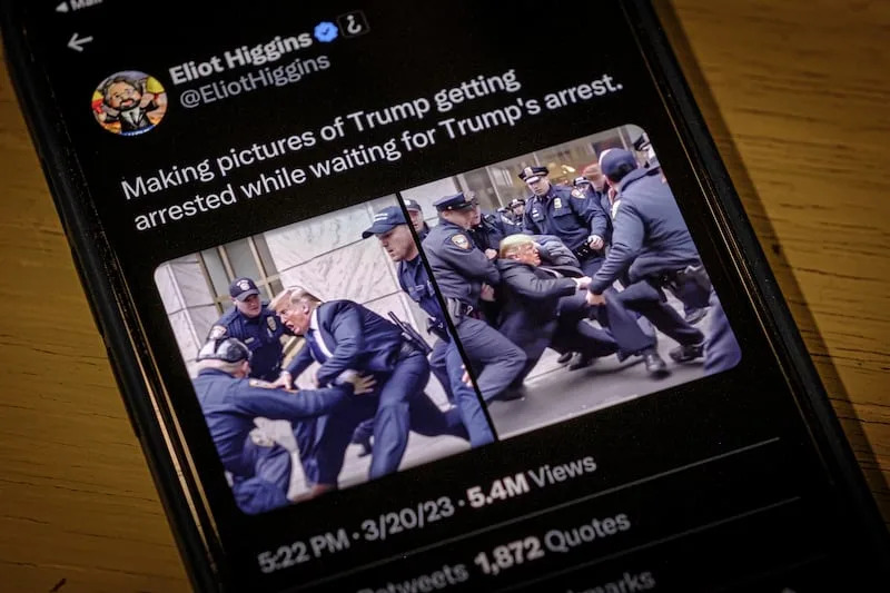 Images created by Eliot Higgins with the use of artificial intelligence show a fictitious skirmish with Donald Trump and New York City police officers posted on Higgins' Twitter account, as photographed on an iPhone in Arlington, Va., Thursday, March 23, 2023. The highly detailed, sensational images, which are not real, were produced using a sophisticated and widely accessible image generator. | J. David Ake