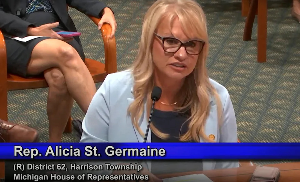  Rep. Alicia St. Germaine (R-Harrison Township), testifying before the House Judiciary Committee on her bill change the current civil infraction for blocking the flow of traffic to a misdemeanor punishable by up to 93 days in jail and up to a $5,000 fine, or both. Aug. 20, 2025 | Screenshot