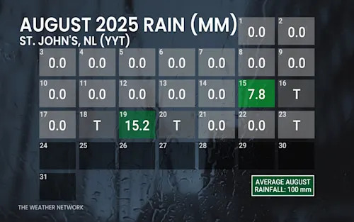 August 2025 rainfall for St. John's, N.L.