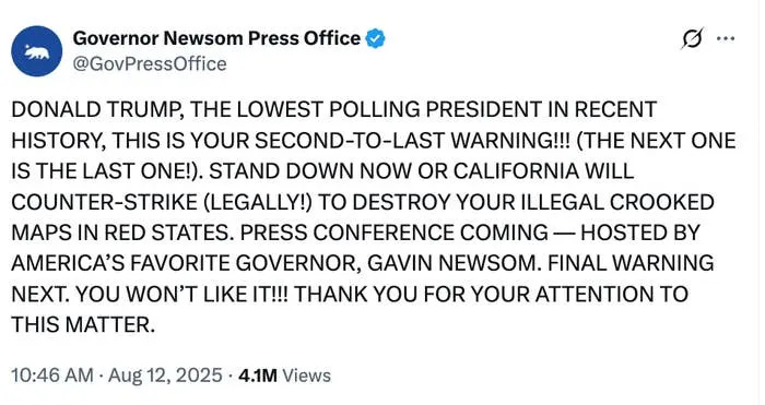 Governor Newsom's tweet warns Donald Trump about illegal map destruction, mentioning a press conference and final warning