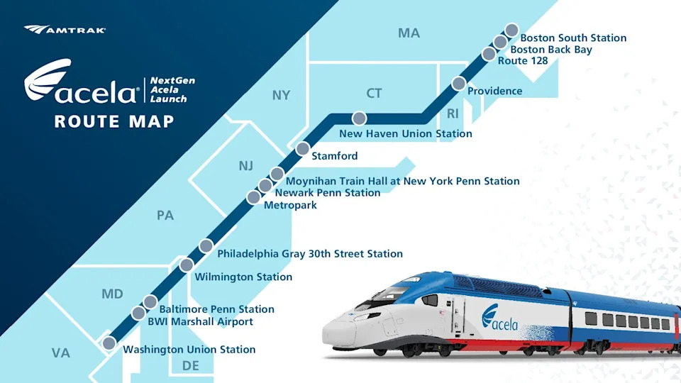 Map shows station stops for Amtrak's NextGen Acela on the Northeast Corridor