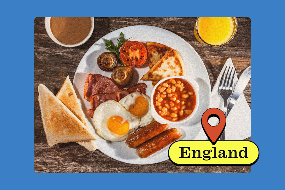 El desayuno inglés completo aporta una buena cantidad de proteína, pero los nutricionistas advierten que también es alto en grasas saturadas (Ilustración fotográfica: Yahoo Noticias; fotos: Getty Images)