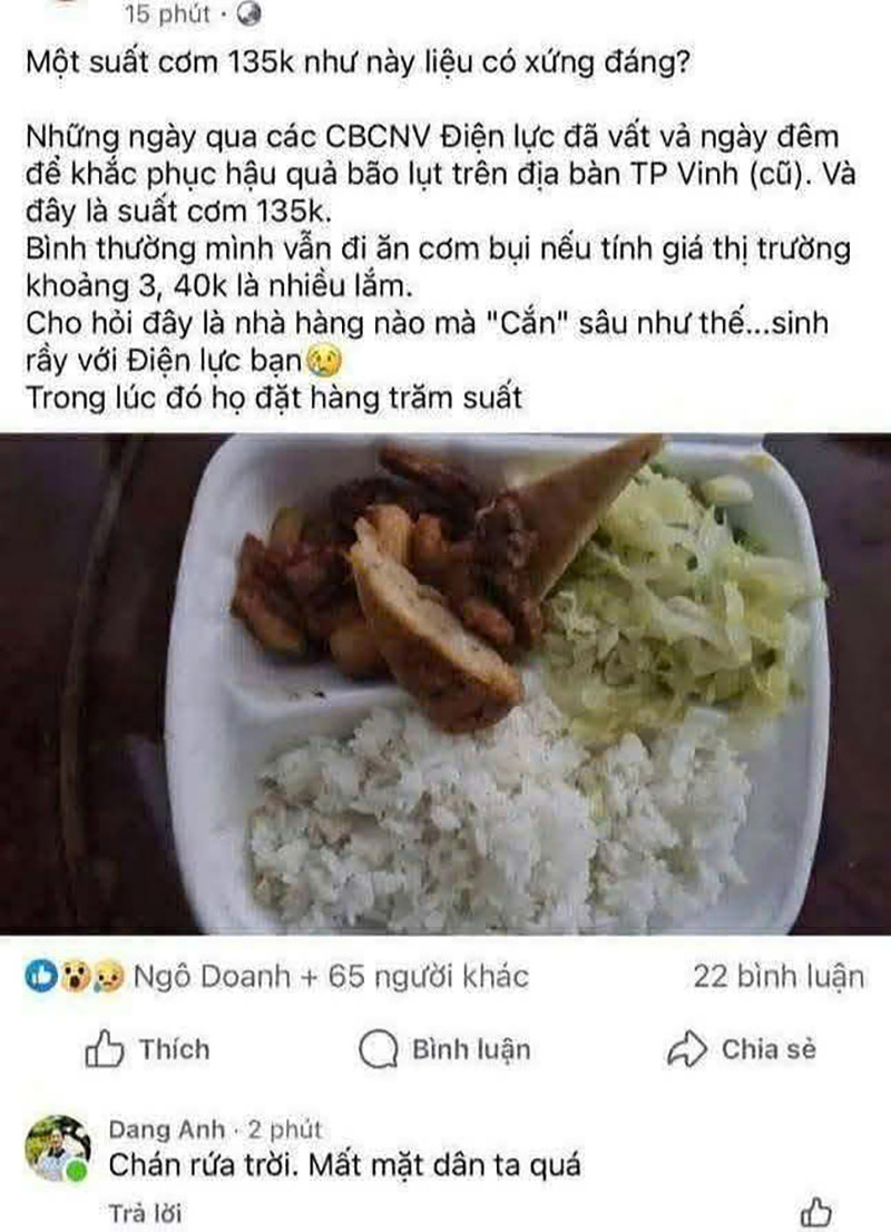 Bán cơm giá 'cắt cổ' cho thợ điện, nhà hàng Nghệ An 'chữa' thành suất miễn phí?