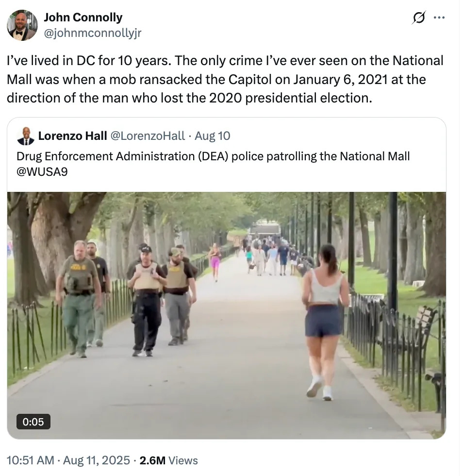 Tweet from John Connolly criticizing January 6 Capitol riot. Includes Lorenzo Hall's post about DEA patrol on National Mall with people in park