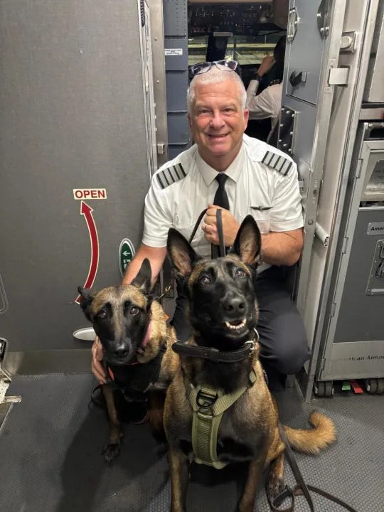 Lola and Vegas, NC SBI K-9s, take a photo with their plane's pilot (Courtesy: NC SBI)