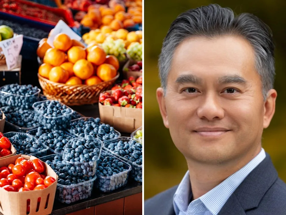A composite image. On the left, a display of fruits and vegetables at a stall. On the right,  a man in a suit.