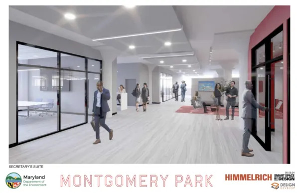 An early conceptual rendering shows a mock-up of a new suite area for the Maryland Secretary of the Environment. Department of General Services officials said the renderings are “not the most current,” adding that updated renderings are being prepared by the landlord’s architect. (Screenshot of renderings provided through a public records request)