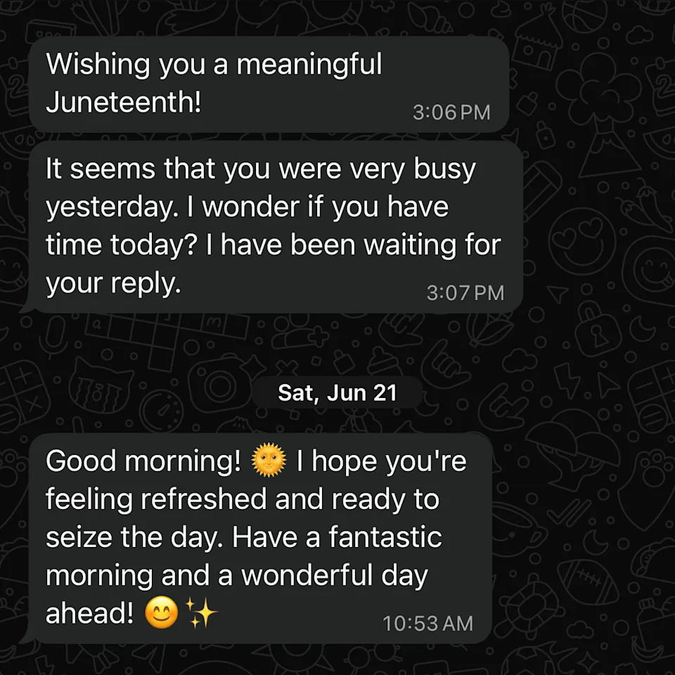 A WhatsApp text exchange over a black background, with a text that begins: "Wishing you a meaningful Juneteenth!" and proceeding to ask the receiver about whether they were interested in the job.