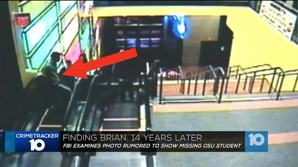 A red arrow points to a person on escalators in a surveillance image, related to the case of a missing OSU student, Brian, 14 years later