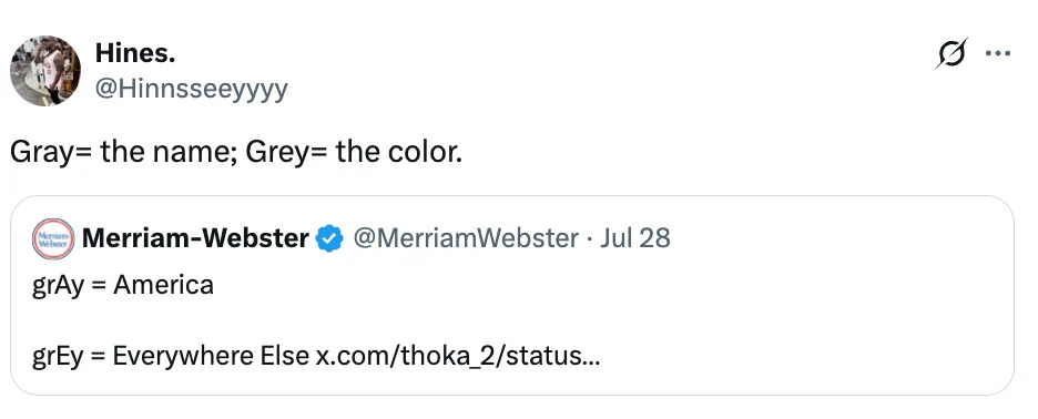 Screenshot of a tweet humorously comparing "gray" and "graey," highlighting regional spelling differences
