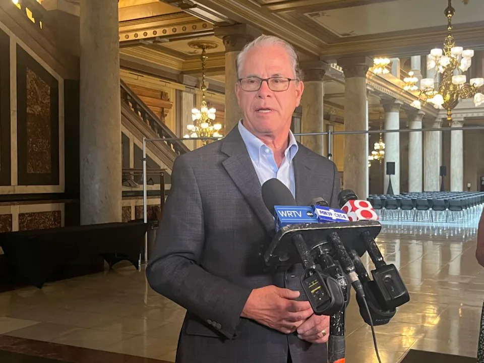 Indiana Gov. Mike Braun weighed in on immigration arrest data during a Statehouse scrum on July 24, 2025. (Whitney Downard/Indiana Capital Chronicle)