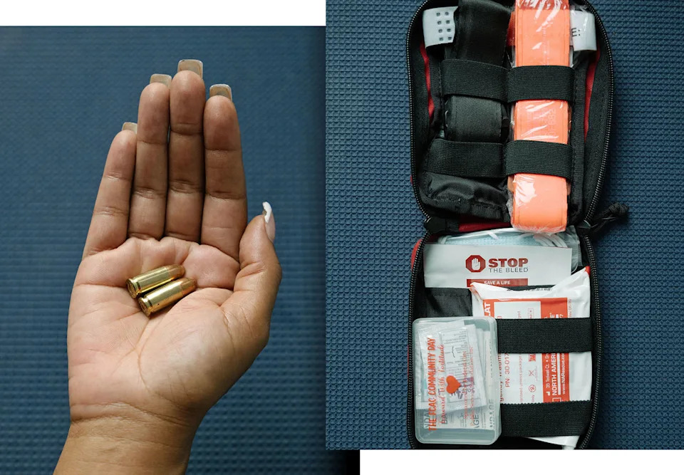 Bullets and a first aid kit that Hardy uses in demonstrations during "Stop the Bleed" classes she teaches to youth. (Caroline Gutman for NBC News)
