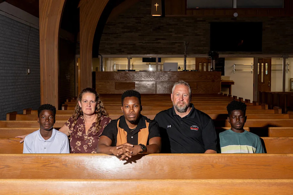 Francion, Amy Schafer, Rocher, Andy Schafer and Jean Luckson at Elm Street Church of the Nazarene. (Cydni Elledge for NBC News)