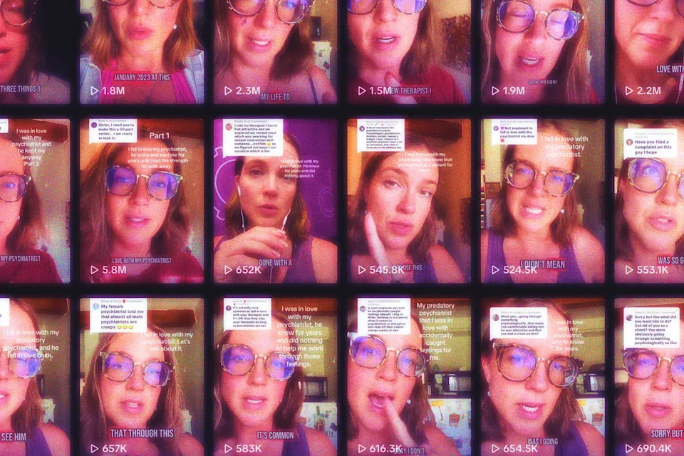 Screenshots of videos posted by TikTok user Kendra, who details falling in love with her psychiatrist in dozens of videos, racking up millions of views. (NBC News; TikTok)
