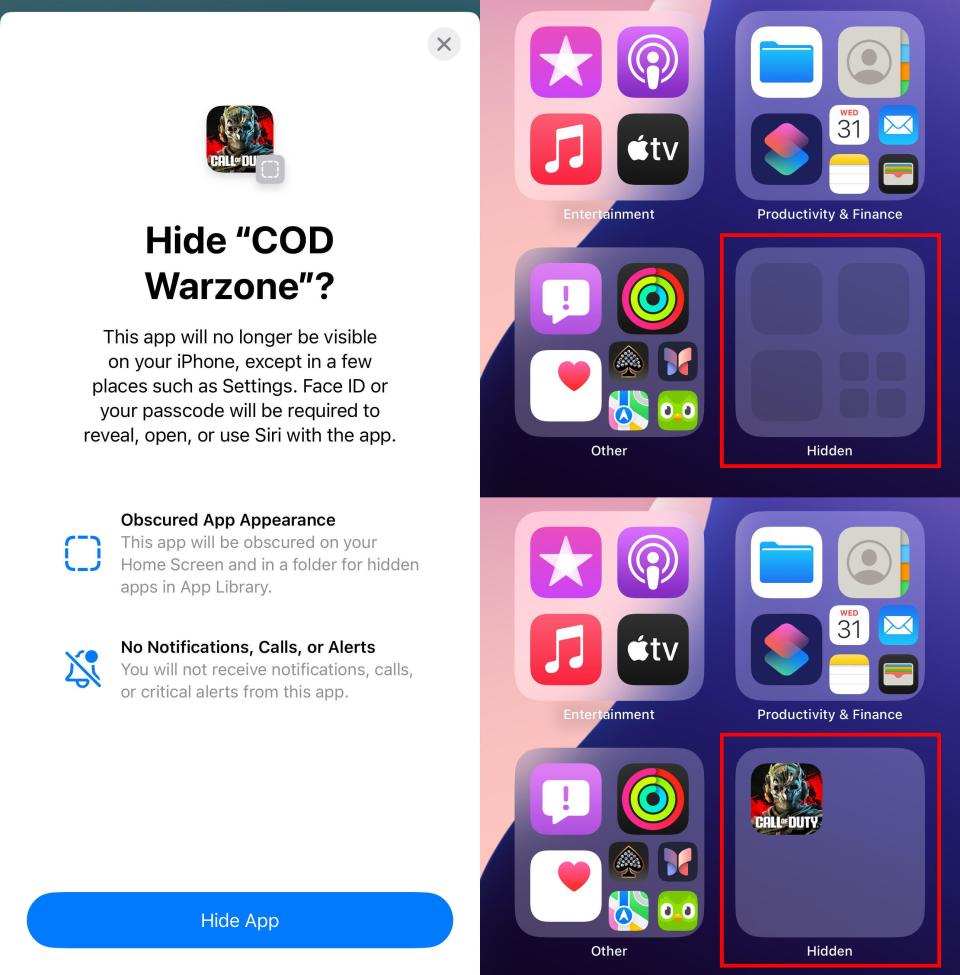 iOS 18 screens showing a warning about what happens when marking an app as hidden; the Hidden folder in App Library showing no apps (because they're hidden); and the folder showing an app after authentication.