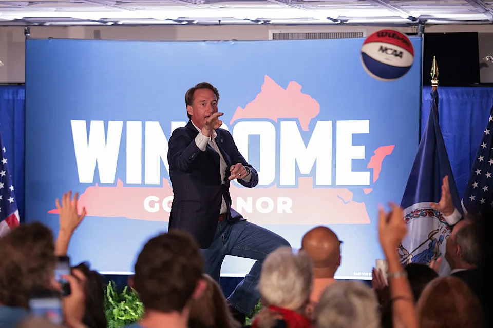 Virginia Gov. Glenn Youngkin speaks during a campaign event for Republican Virginia gubernatorial candidate Winsome Earle-Sear at the Vienna Volunteer Fire Department on July 01, 2025 in Vienna, Virginia. (Kayla Bartkowski/Getty Images)