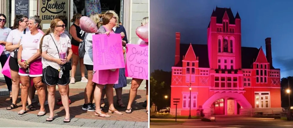 People holding pink balloons and signs to support Crystal Rogers; pink-lit building in the evening