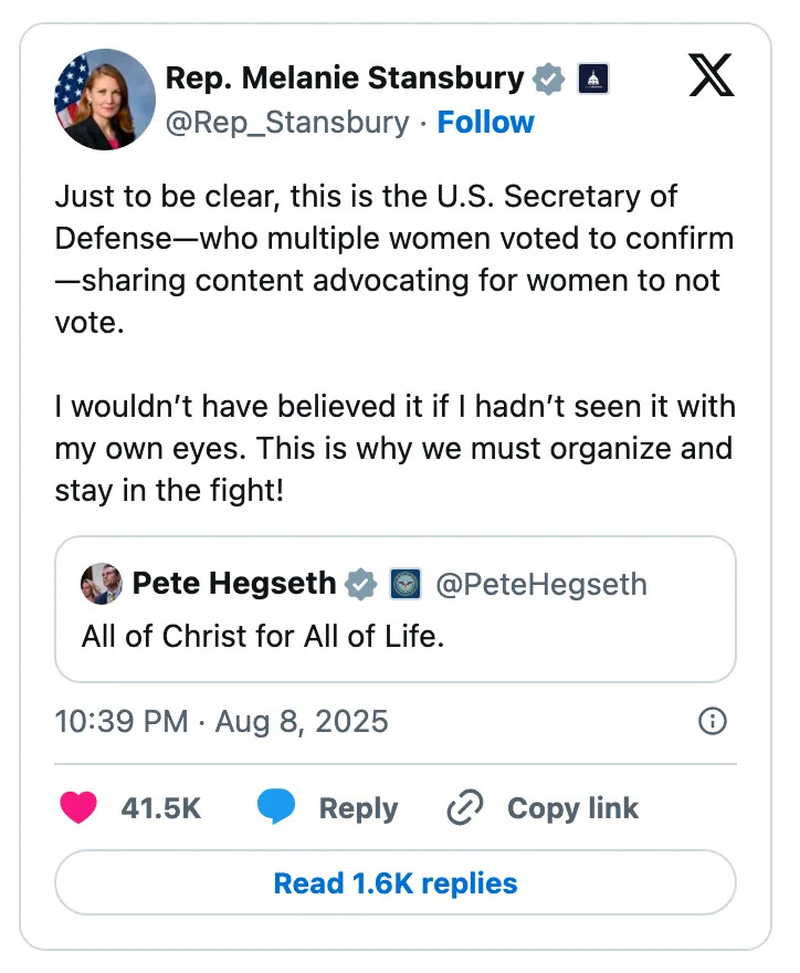 Tweet by Rep. Melanie Stansbury criticizing the U.S. Secretary of Defense for allegedly sharing anti-voting content, referencing Pete Hegseth