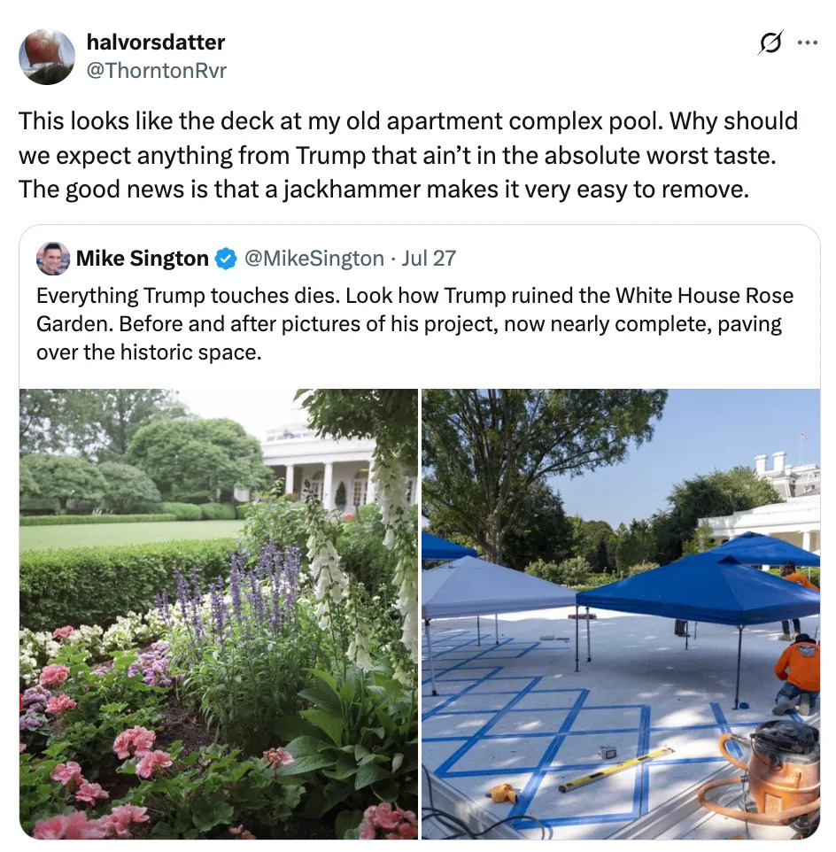 Tweet showing critique of pool deck design and a retweeted post about changes to the White House Rose Garden after Trump's renovations
