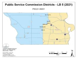  Douglas County is the only county divided for representation on the Nebraska Public Service Commission. This map shows the divide between part of the commission’s third district and District 2 in the eastern part of the county. (Courtesy of Legislative Research Office)