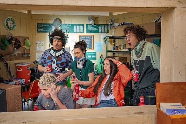 Scott Yamano/Netflix Andrew Watt, Eric André, Margaret Qualley, Kelsey Plum and Martin Herlihy in 'Happy Gilmore 2.'