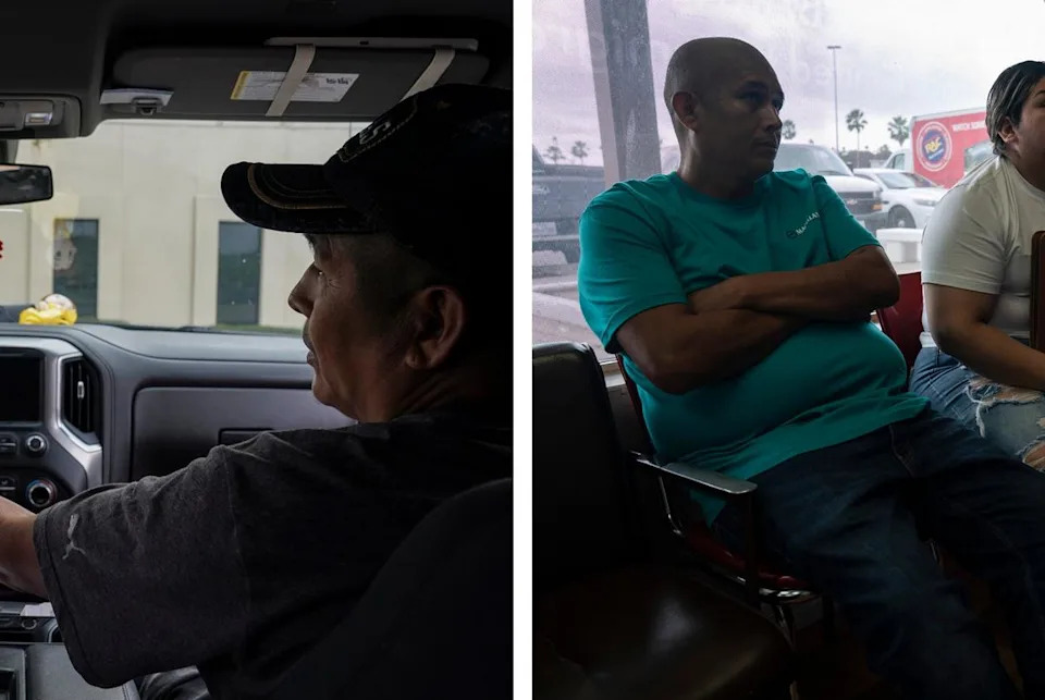 Left: Geovanna, left, talks to her father Jaime, after his first ICE check-in in Harlingen. Right: Jaime, Geovanna and Jorge wait in the lobby of the immigration lawyer’s office in Weslaco.