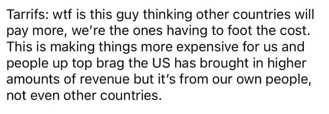 Text discussing frustration with tariffs, highlighting costs for locals and noting that increased revenue is sourced from domestic rather than international payments