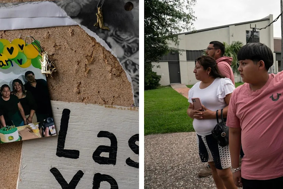Left: Oscar placed a family photo at the St. Jude Grotto. Right: Geovanna, right, embraces her youngest brother Oscar after saying a prayer.