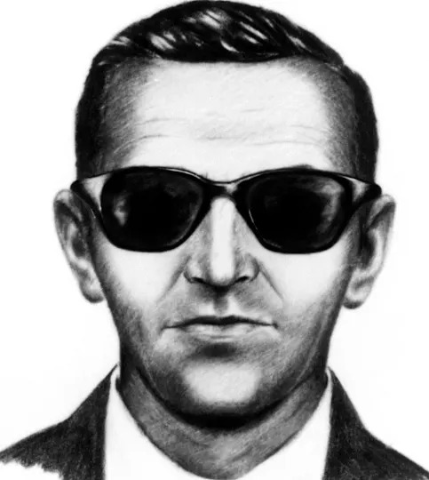 Sketch of an unidentified man with sunglasses and a suit, famously associated with a mysterious 1970s airplane hijacking case