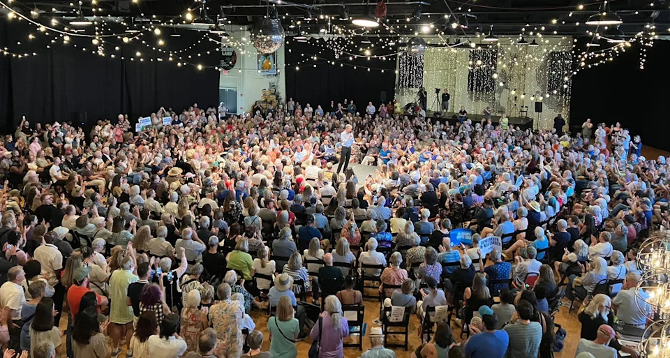 Former Texas gubernatorial candidate Beto O'Rourke speaks before a crowd in Oklahoma City, Oklahoma, on Wednesday, August 6, where he praised Texas Democrats' efforts to fight back against a Republican redistricting plan.