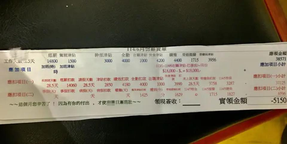 該名網友貼出薪資條，震驚不少網友。（翻攝自Dcard）
