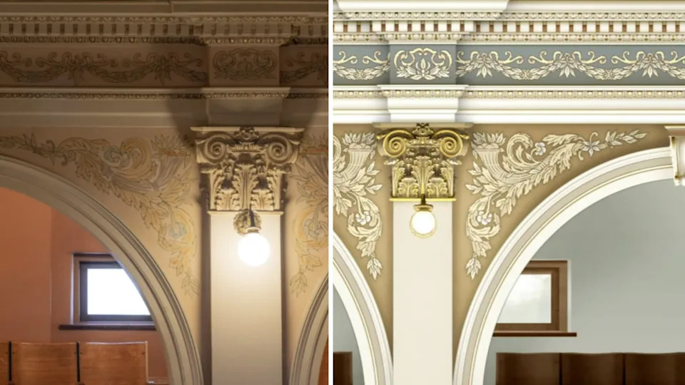 A photo shows part of the South Dakota House of Representatives chamber in 2025, left, while a rendering shows what it could look like after a restoration project. (Courtesy of the South Dakota Bureau of Human Resources and Administration)