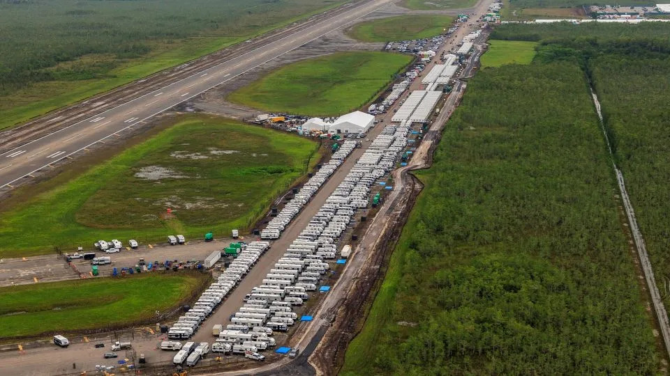 Aerial view of structures at the recently opened migrant detention center, "Alligator Alcatraz," located at the site of the Dade-Collier Training and Transition Airport in Ochopee, Florida on July 4, 2025. (Pedro Portal/Miami Herald/Tribune News Service via Getty Images) - Pedro Portal/Miami Herald/Tribune News Service/Getty Images