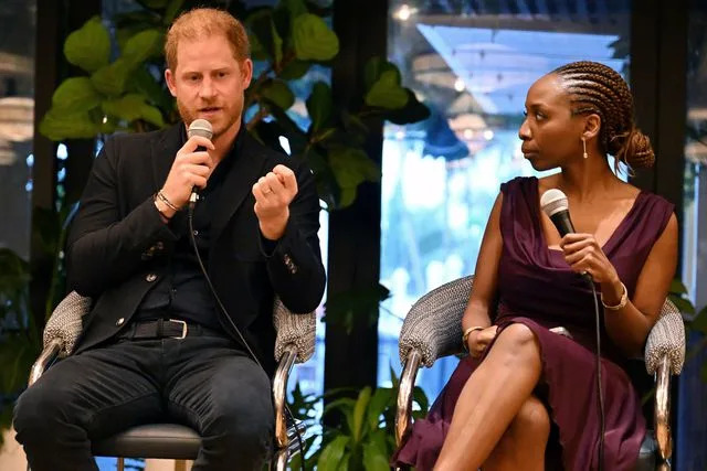 Jason Koerner/Getty Prince Harry and Dr. Sophie Chandauka speak at a panel in Miami Beach, Florida on April 11, 2024.