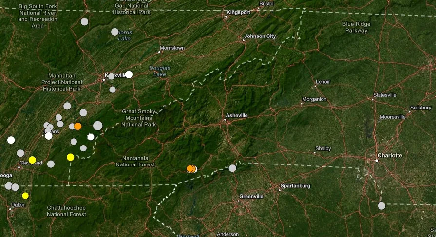 A USGS map of earthquakes in western North Carolina and eastern Tennessee from May until now.