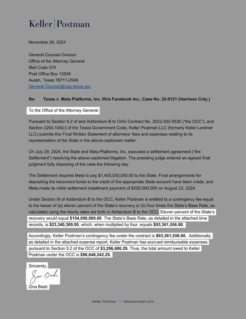 A letter from Zina Bash to the Texas attorney general’s office informs the office that the state owes her firm, Keller Postman, almost $97 million for its work on the state’s case against Meta.
