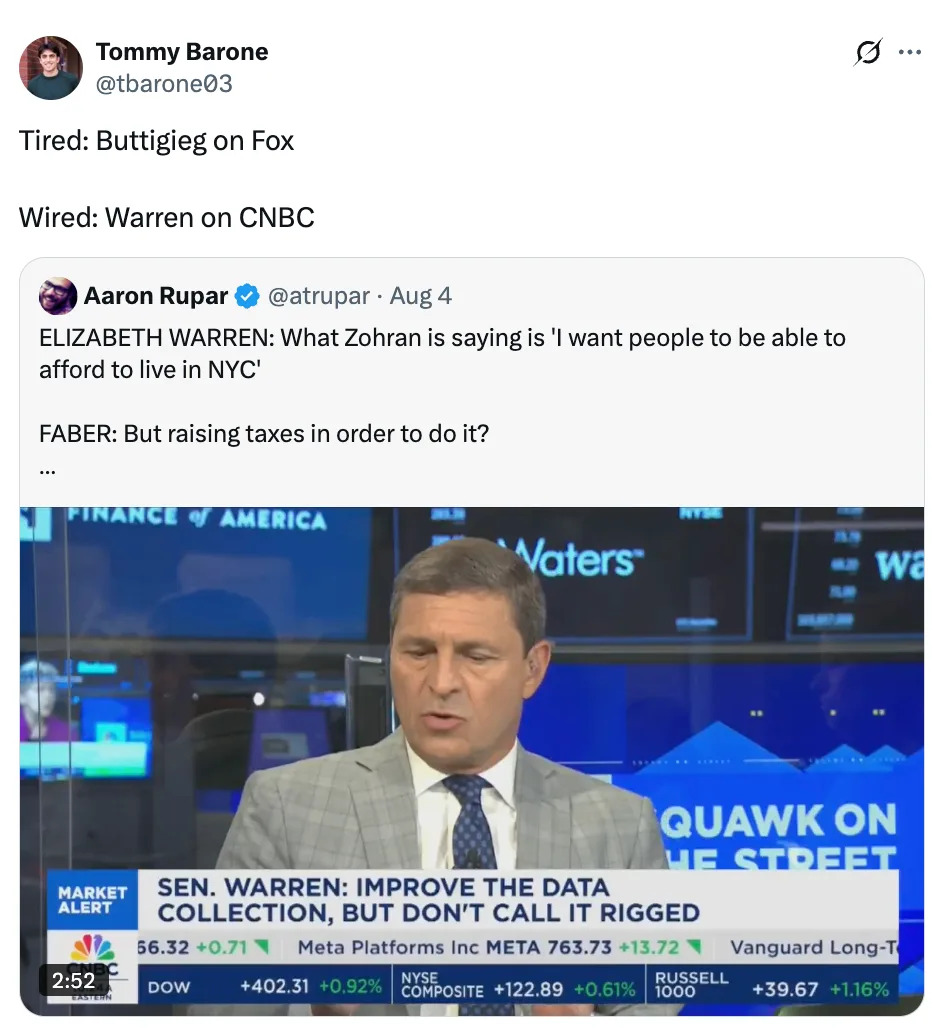 Tweet screenshot with a caption: "Tired: Buttigieg on CNBC. Wired: Warren on CNBC." Below, a news segment features Elizabeth Warren's views
