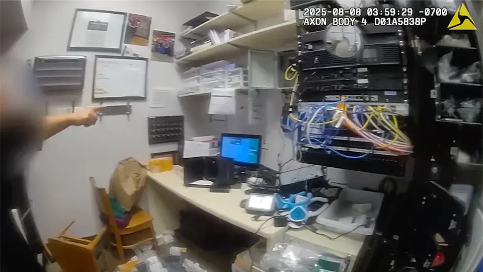 Sheriff deputy points at messy Starbucks office after break-in