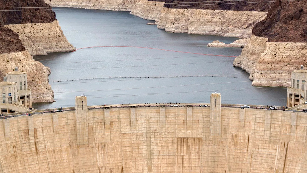 Lake Mead, impounded by Hoover Dam, contains far less water than it used to. <a href="https://www.gettyimages.com/detail/news-photo/nevadathe-hoover-dam-is-seen-from-the-mike-ocallaghan-pat-news-photo/2207325762" rel="nofollow noopener" target="_blank" data-ylk="slk:Kevin Carter/Getty Images;elm:context_link;itc:0;sec:content-canvas" class="link ">Kevin Carter/Getty Images</a>