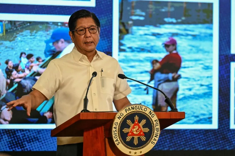 Philippine President Ferdinand Marcos speaks during a press conference at Malacanang Palace in Manila on August 11 (Jam STA ROSA)