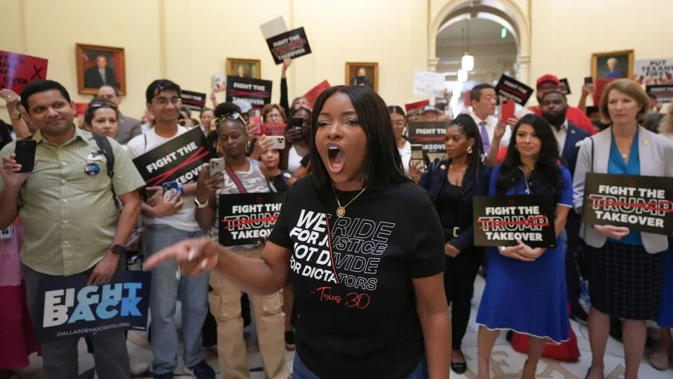 Rep. Jasmine Crockett protests redistricting plans before the hearing of the House Select Committee on Congressional Redistricting at the Capitol in Austin, on August 1. - Jay Janner/Austin American-Statesman/Getty Images