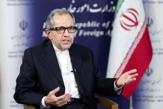 単独会見に応じるイランのラバンチ外務次官＝テヘランで9日、共同