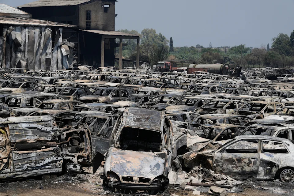 Many burned cars are seen at an impound lot.