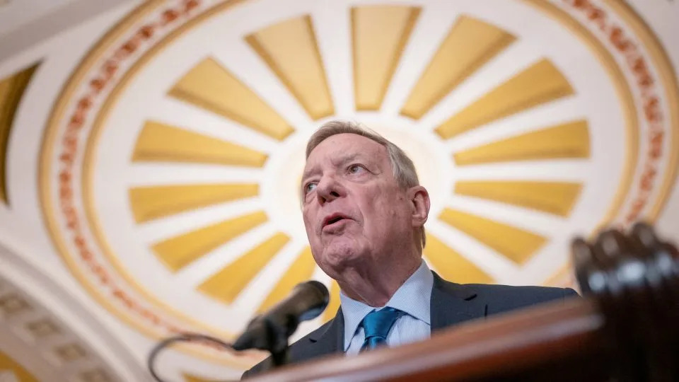 Sen. Dick Durbin (D-IL) speaks with reporters following the Senate Democrats' weekly policy lunch on Capitol Hill in Washington, D.C., U.S., March 11, 2025. - Nathan Howard/Reuters