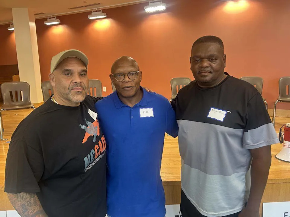 Death row exonerees Alfred Rivera, Ed Chapman and Henry McCollum meet at an event sponsored by the N.C. Coalition for Alternatives to the Death Penalty on Aug. 16, 2025, at Pullen Memorial Baptist Church in Raleigh, N.C.