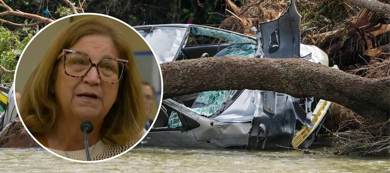 Foreground: Auburn Gallagher is a 25-year resident of flood-ravaged Sandy Creek. Background: Wrecked vehicles remain submerged in floodwaters in Leander, Texas.