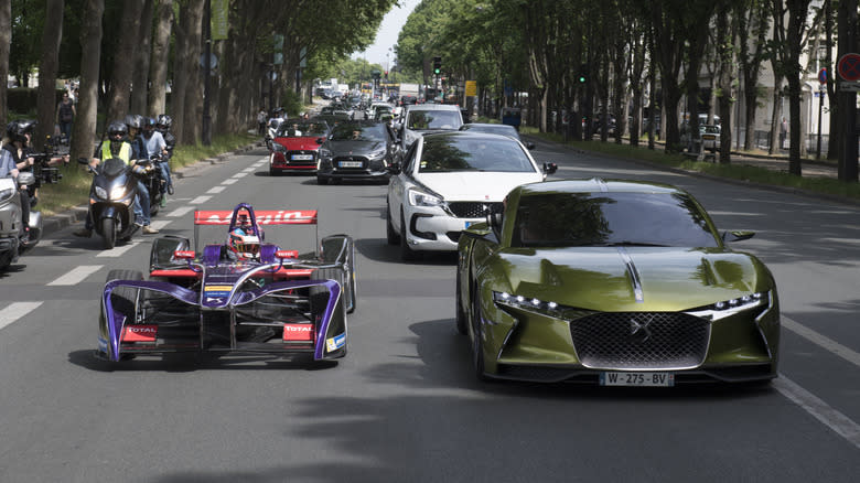 The 2016 DS E-Tense concept with a Formula E race car