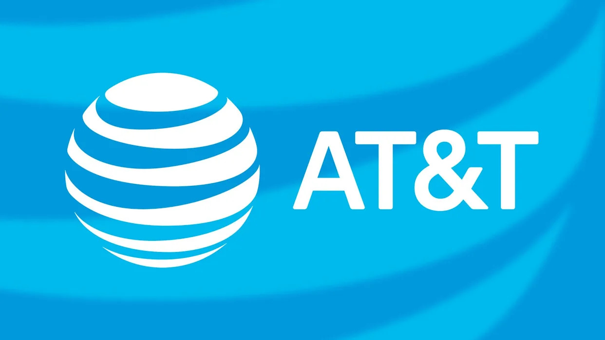The AT&amp;T logo on a blue AT&amp;T background.