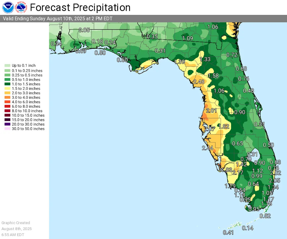 Florida rainfall forecast from Aug. 8- Aug. 10, 2025.